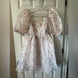 Francesca's Collections White and Pink Floral Puff Sleeve Mini Dress